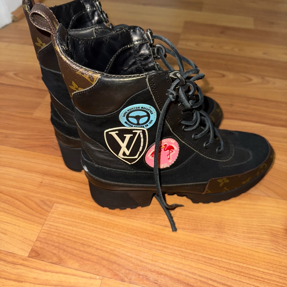 Louis Vuitton Black Lace Up Boots with Colorful Patches - Picture 3 of 7